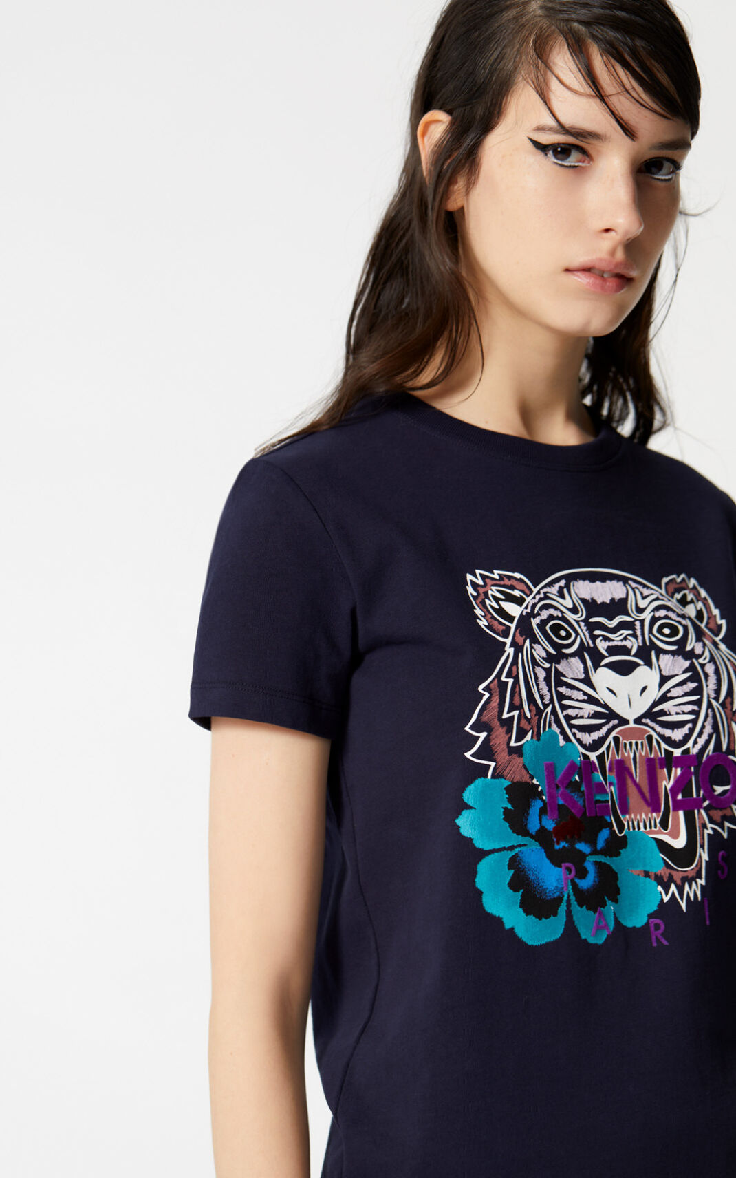 Kenzo Indonesian Flower Tiger Tişört Bayan Koyu Mavi | 1436-VZTHC